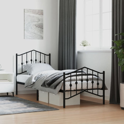 Cadru pat metalic cu tăblii de cap/picioare negru, 90x200 cm