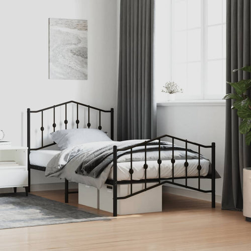 Cadru pat metalic cu tăblii de cap/picioare negru, 100x190 cm