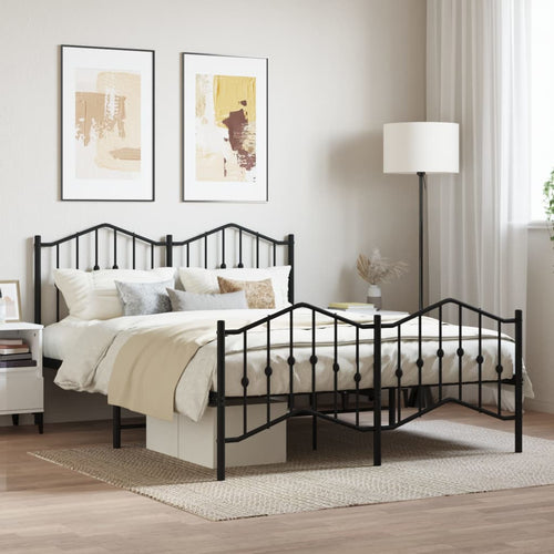Cadru pat metalic cu tăblie de cap/picioare , negru, 135x190 cm