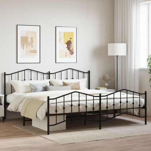 Cadru pat metalic cu tăblii de cap/picioare , negru, 193x203 cm