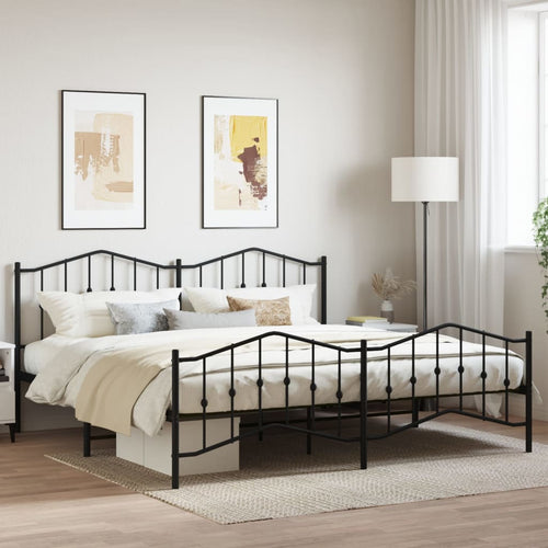 Cadru pat metalic cu tăblii de cap/picioare, negru, 200x200 cm