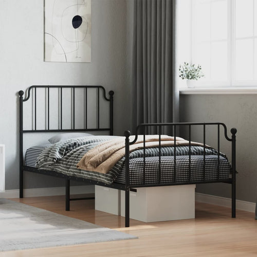 Cadru pat metalic cu tăblii de cap/picioare negru, 90x200 cm