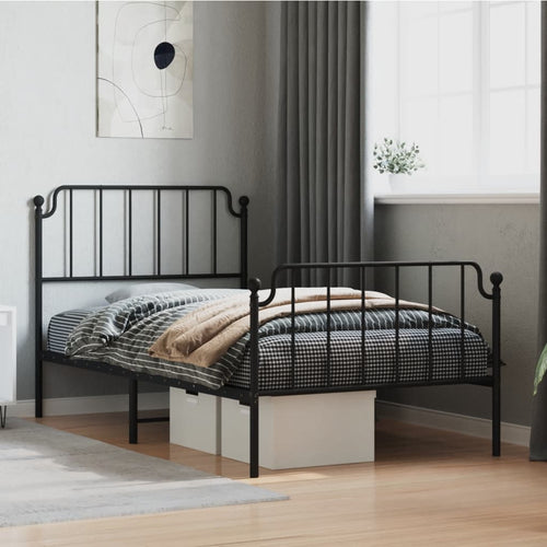 Cadru pat metalic cu tăblii de cap/picioare negru, 100x190 cm