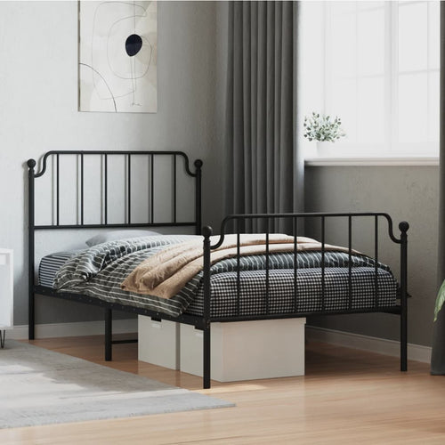 Cadru pat metalic cu tăblii de cap/picioare negru, 100x200 cm