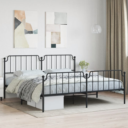 Cadru pat metalic cu tăblii de cap/picioare, negru, 200x200 cm