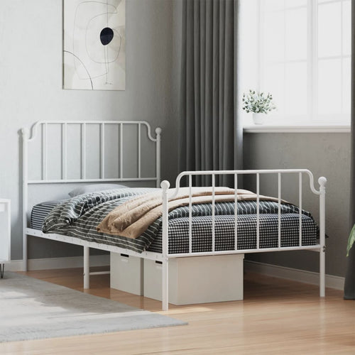 Cadru de pat metalic cu tăblie de cap/picioare alb, 100x190 cm