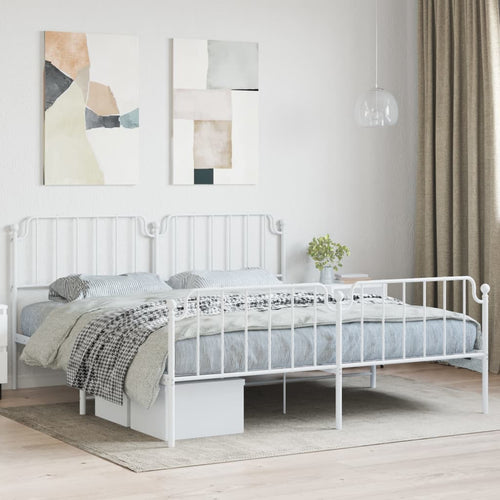 Cadru pat metalic cu tăblie de cap/picioare , alb, 183x213 cm