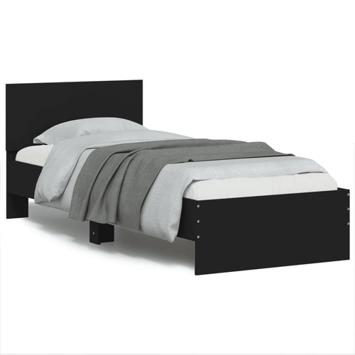 Cadru de pat cu tăblie și lumini LED, negru, 90x200 cm