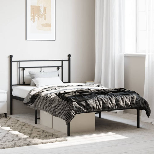Cadru de pat din metal cu tăblie, negru, 107x203 cm