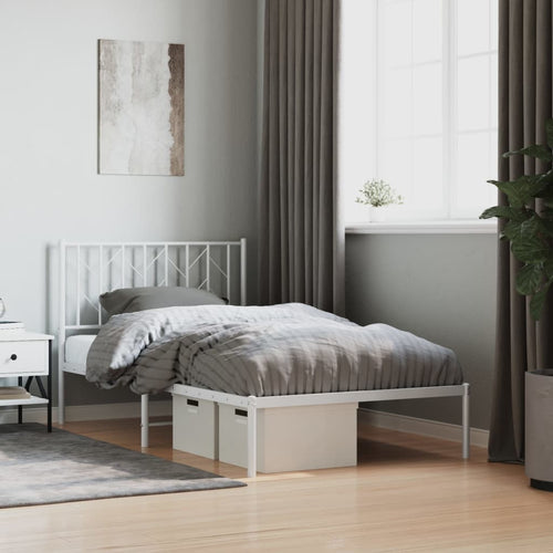 Cadru de pat metalic cu tăblie, alb, 100x190 cm