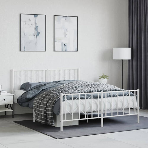 Cadru pat metalic cu tăblie de cap/picioare , alb, 150x200 cm