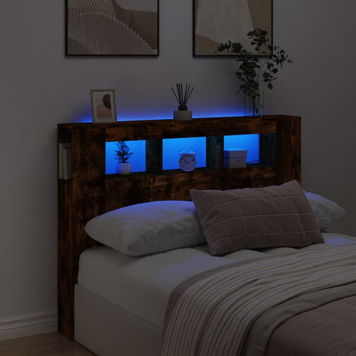 Tăblie de pat cu LED, stejar fumuriu, 140x18,5x103,5 cm, lemn
