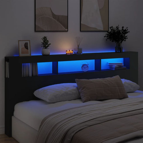 Tăblie de pat cu LED, negru, 220x18,5x103,5 cm, lemn