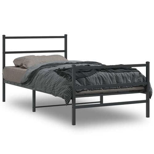 Cadru pat metalic cu tăblii de cap/picioare,  negru, 107x203 cm
