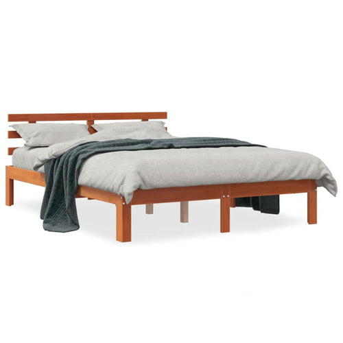 Cadru de pat cu tăblie, maro ceruit, 135x190 cm, lemn masiv pin