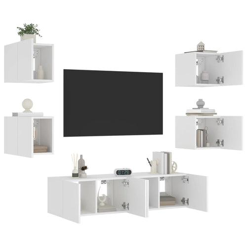 Unități de perete TV cu LED-uri, 6 piese, alb, lemn prelucrat