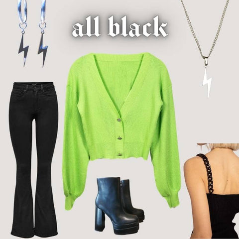 Neon green cardigan flare jeans lightning jewelry chain top inspo