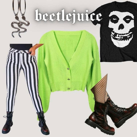 Striped trousers misfits shirt neon green cardigan python combat boots snake earrings