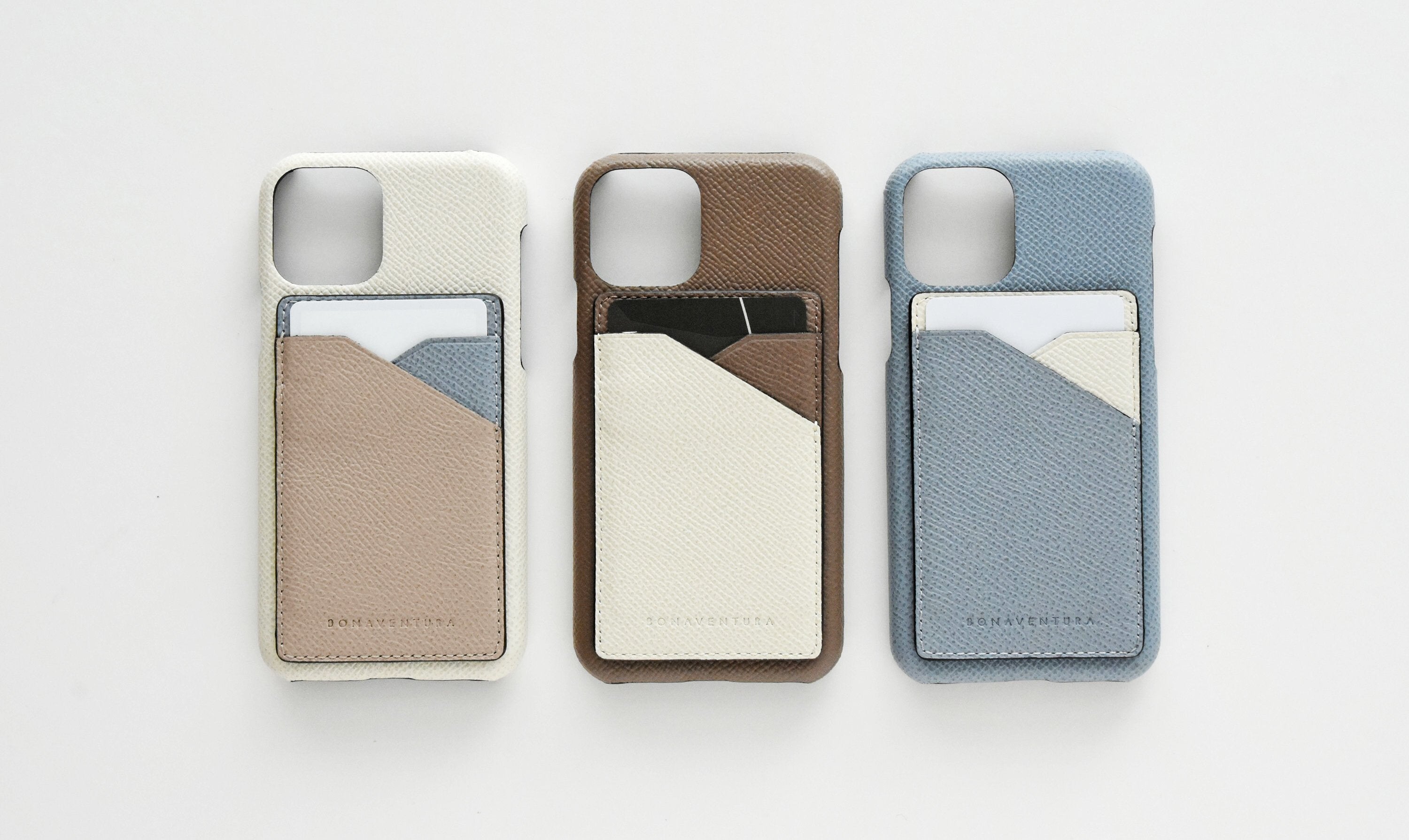 High-quality BONAVENTURA iPhone accessories made of Noblessa leather with removable card slot in various colors.