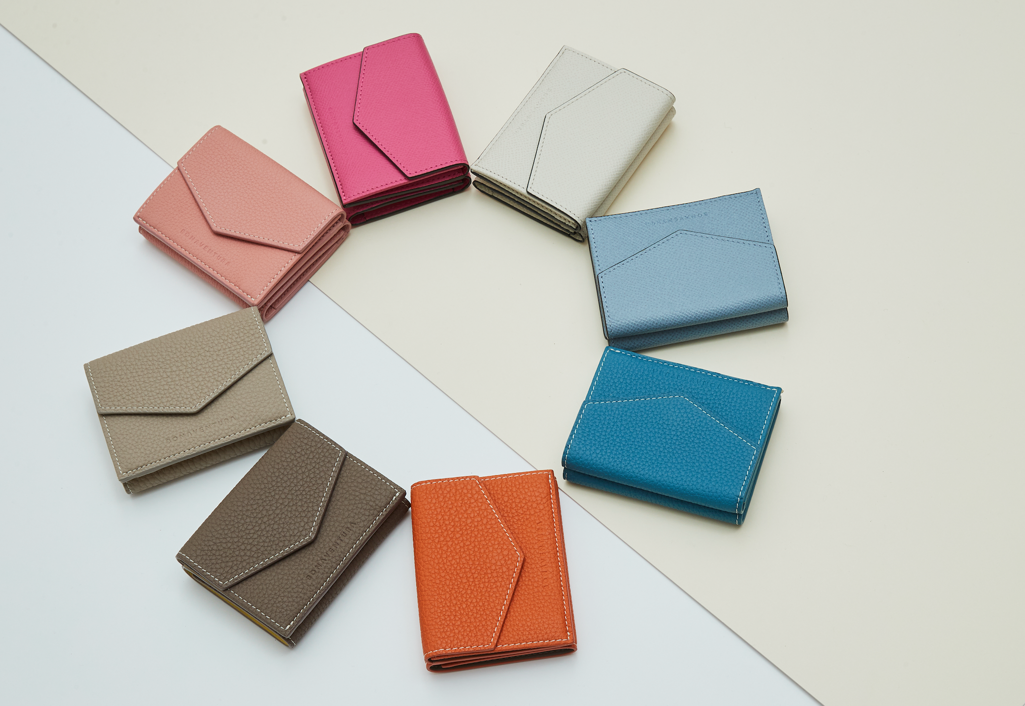 A wide range of colors of BONAVENTURA leather wallets.