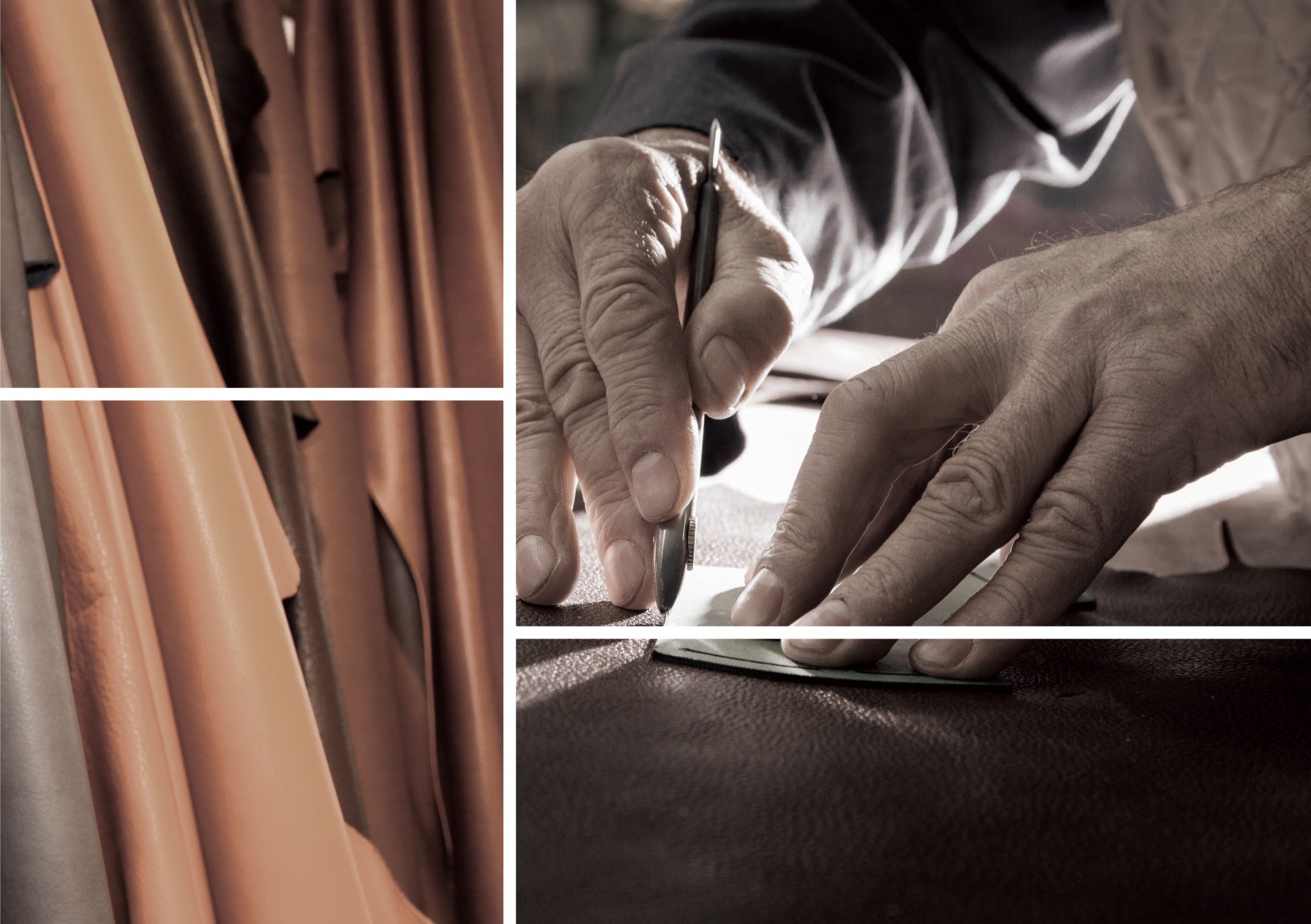 En håndverker arbeider forsiktig med et stykke fullnarvet skinn i et tradisjonelt skinnverksted.