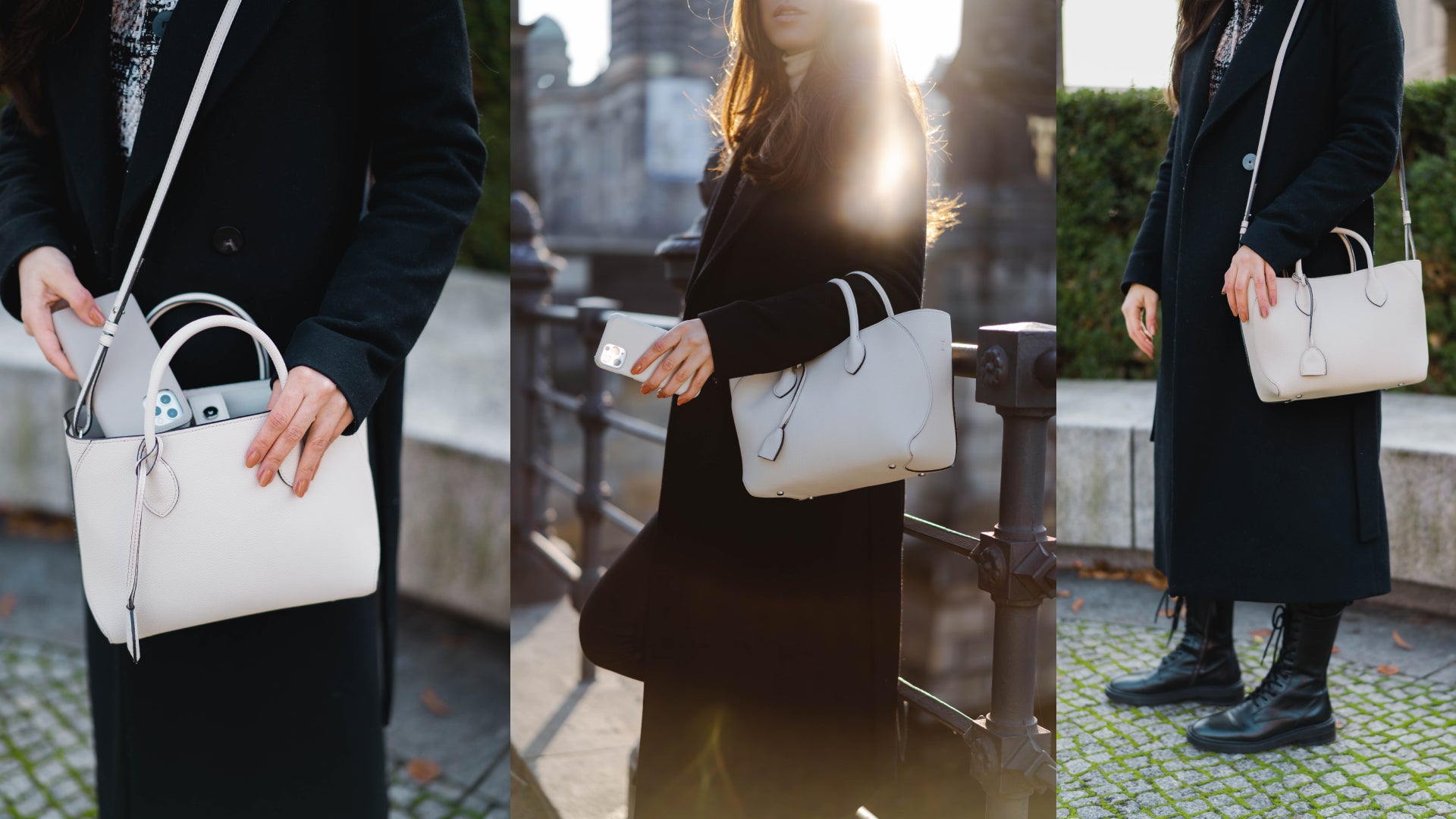 Una mujer con estilo lleva un elegante bolso business de BONAVENTURA de camino a la oficina.