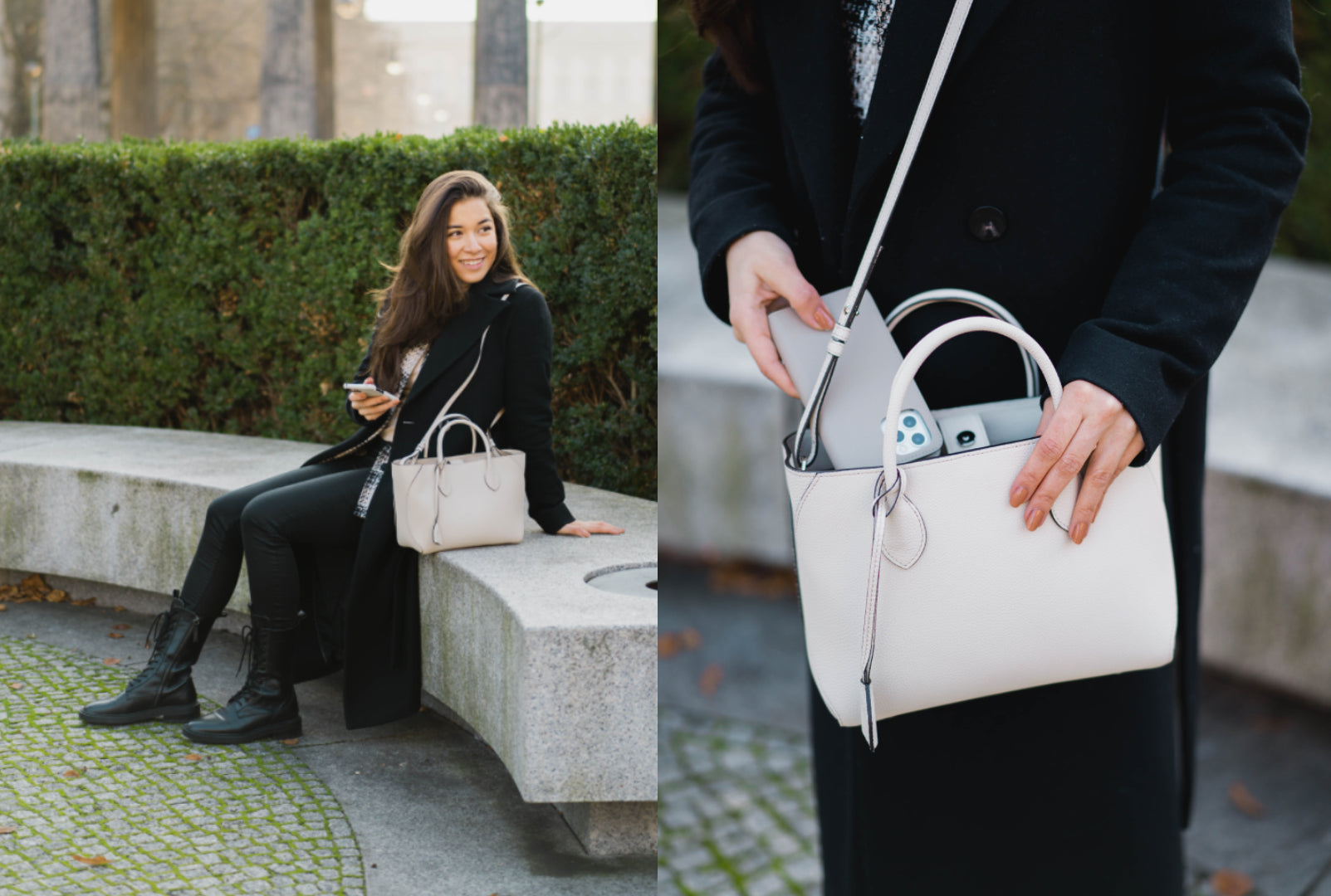 A stylish woman wearing a Mia Tote Bag in Ivory with matching BONAVENTURA iPhone leather case.