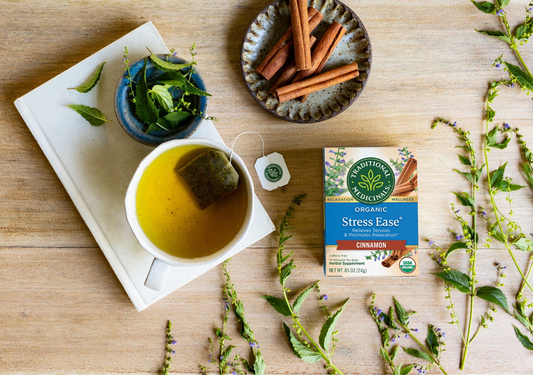 tea and herbs on table