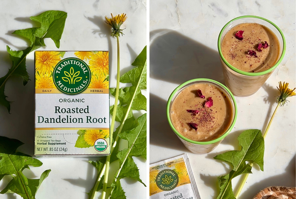 Roasted Dandelion Root Tea box and cups filled with shakes