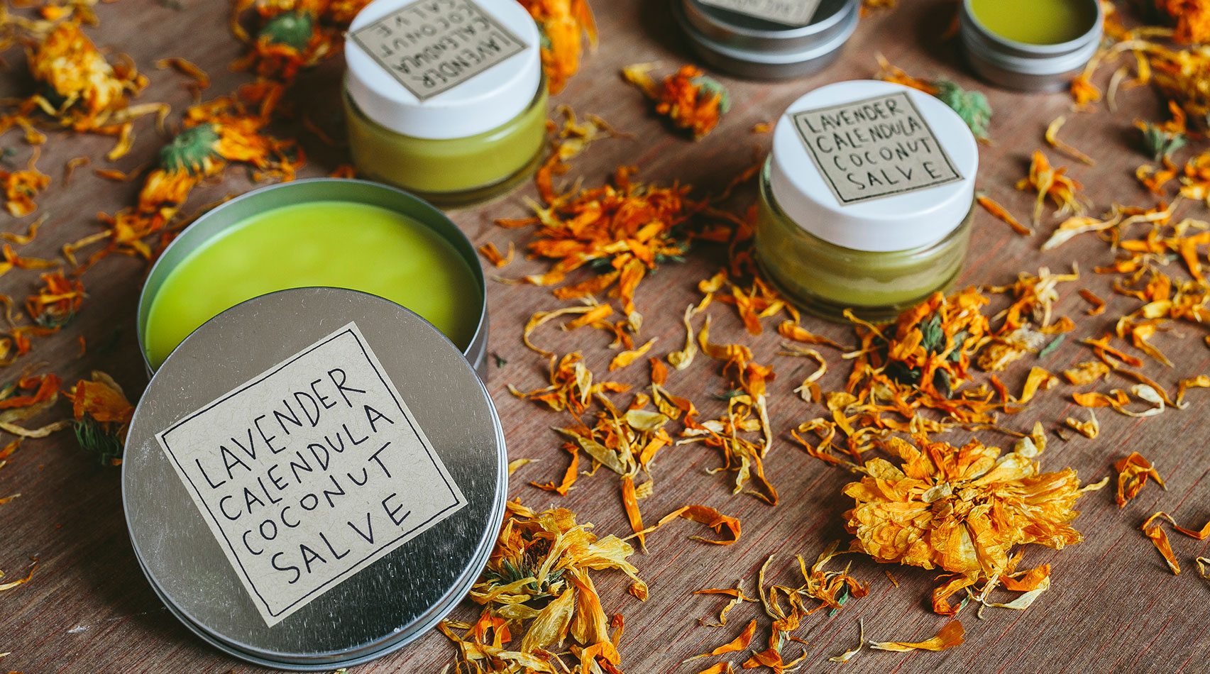 Labeled Lavender Calendula Coconut Salve containers