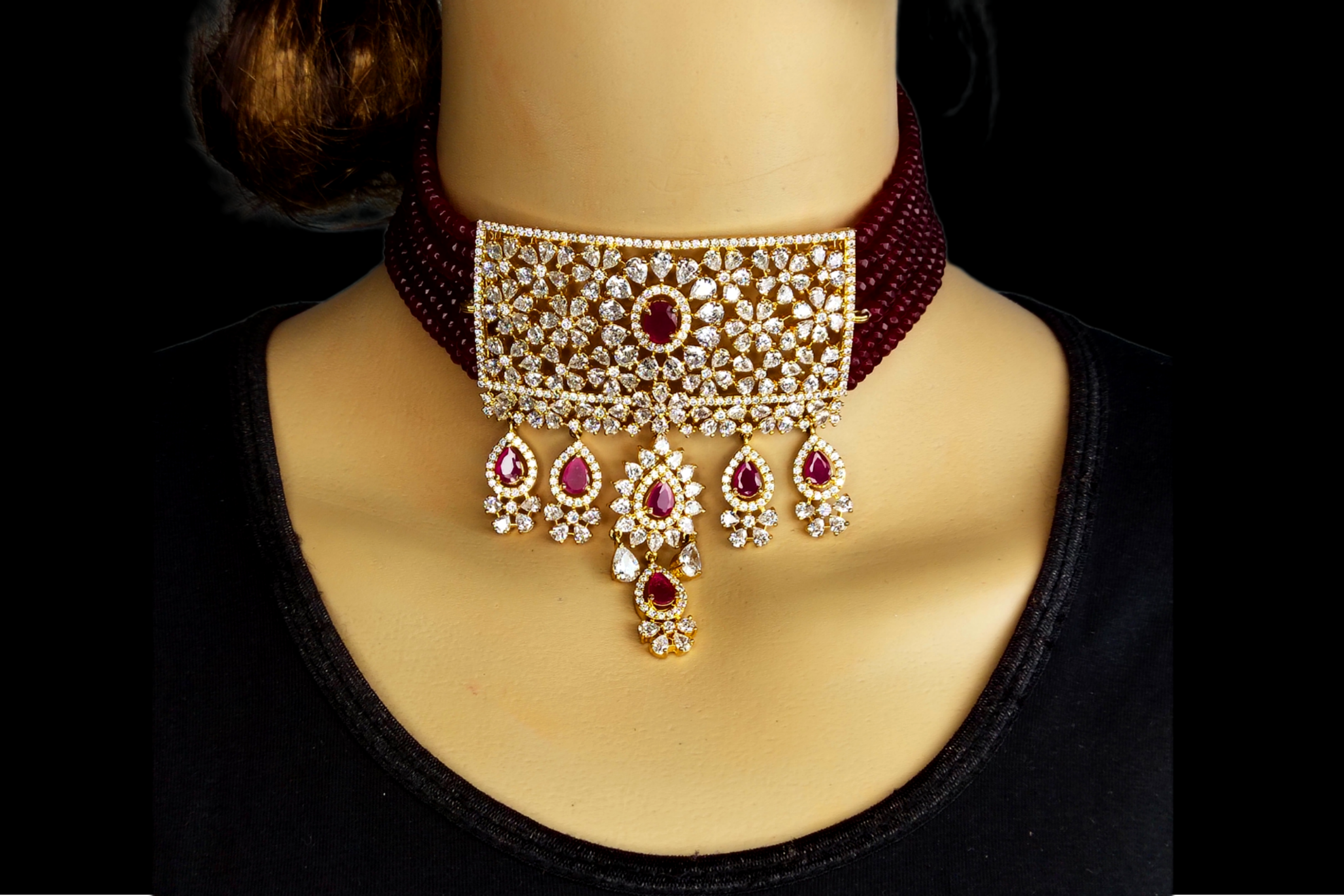 Ruby Red Stylish Wedding Artificial American Diamond Choker Necklace|R –  Indian Designs