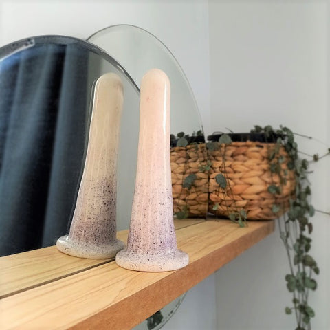 A 6 inch classic ceramic dildo in a pink and purple speckle pattern stands on a wooden shelf. The dildo is reflected in a circular mirror set into the shelf, with a hanging plant flowing from a wicker pot in the background.