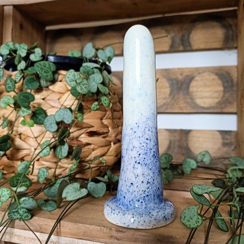 A 5 inch classic ceramic dildo in a dark blue to light blue speckle pattern stands in a wooden crate. A chain of hearts plant flows from a wicker pot on the left around the dildo.