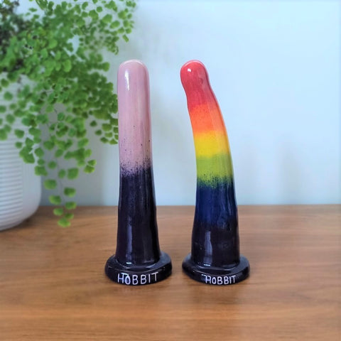 Two 7 inch ceramic dildos stand on a wooden table against a white wall. The dildo on the left is classic in shape with a purple gradient pattern, while the dildo on the right is curved with a rainbow gradient pattern. Both dildo have the word 'HOBBIT' printed around the base in white. A bright green fern in a white pot sits to the left.