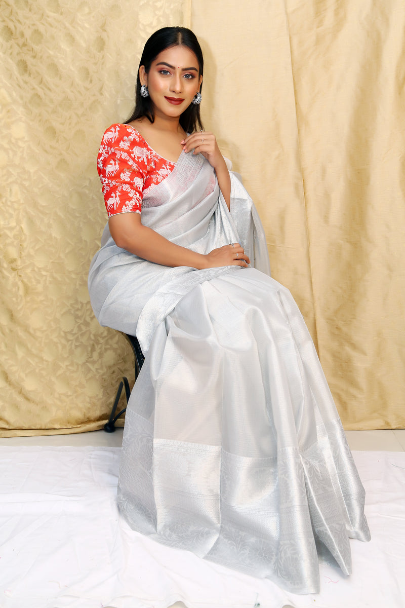 Silver Tissue Saree – FRESHERS PARTY LOOK IN SAREE