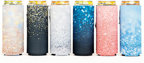 Floral Blue Half Split - Glitter - 12oz Skinny Can Koozie