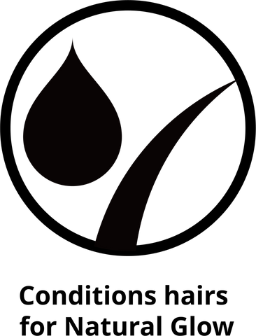 An icon of a hair and water drop that reads "conditions hair for natural glow"