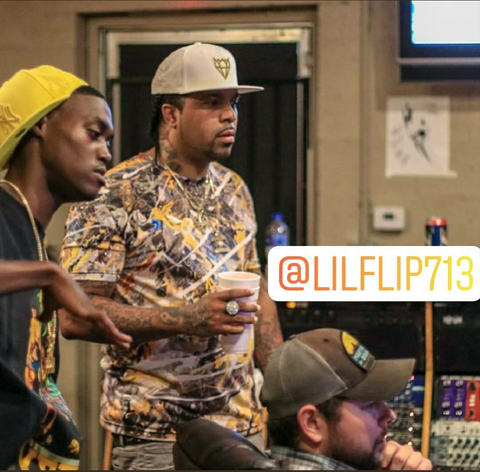 Lil Flip in Studio wearing FLIP Collection Collab Design. Artwork Courtesy of Lil Flip Designed by Benjamen Janey