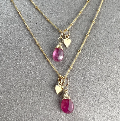 Clare Swan Designs Pink Sapphire double necklaces with pink sapphire drops and gold heart charms