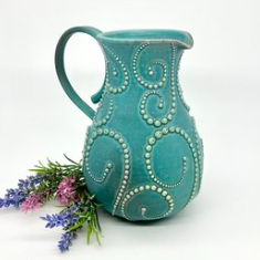 Beautiful Curvy Clayworks Teal Blue Pitcher with textured raised white dots
