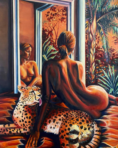 Femme Fatale Art - Unclothed woman sitting with her back to the perspective with a cheater 