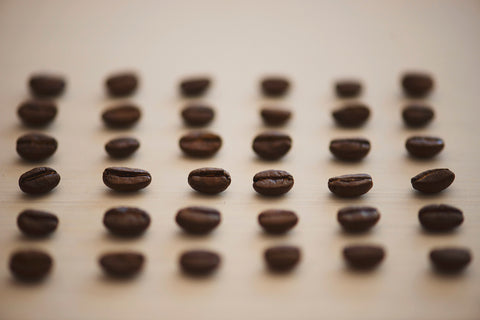 Roasted coffee beans individually placed on white surface