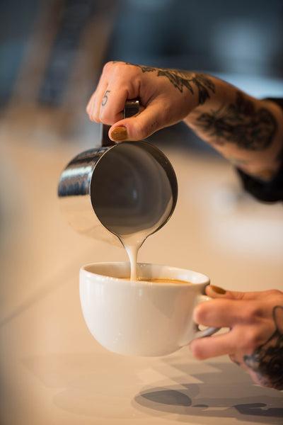 Pouring steamed milk into white mug