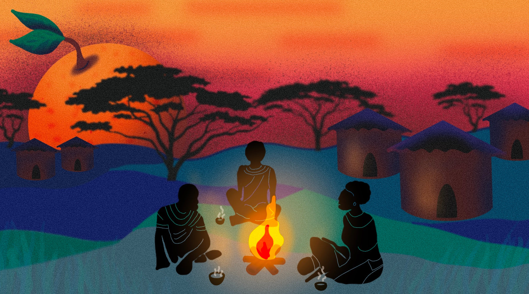 African tribal villagers sitting around a fire near a small kenyan village. Savannah with orange sun on the horizon. Conceptual art drawing