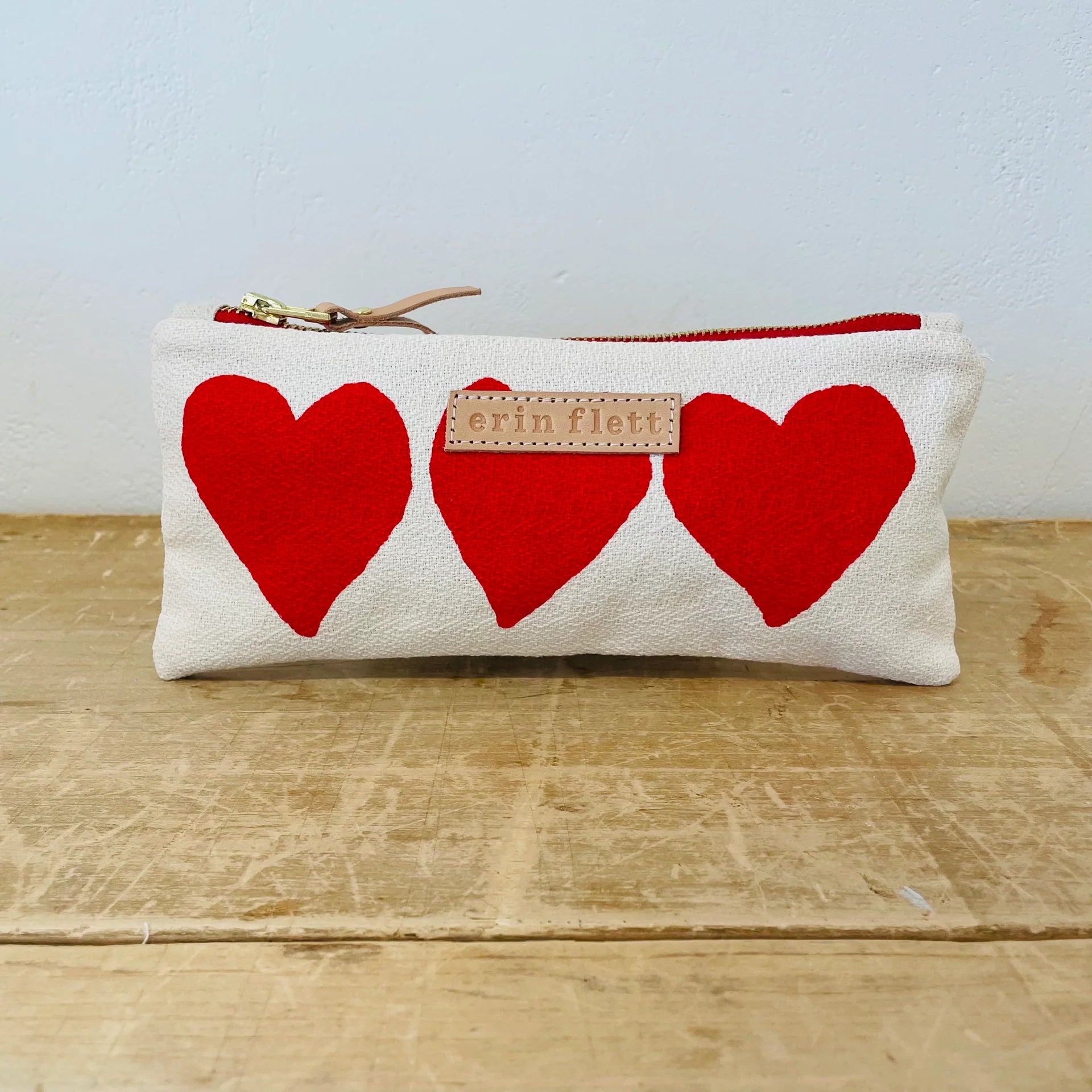 Flat Pencil Zipper Bag || Red Hearts