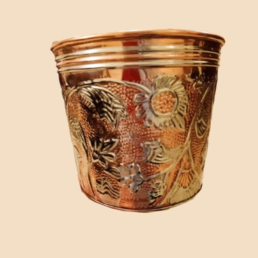 Copper Color Embossed Brass Planter (H 8 Inch, Dia 10 Inch)