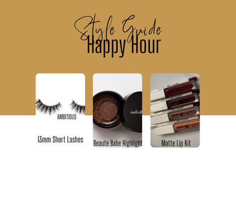 tan and white blog graphic. Happy Hour Style Guide. Three photos of products to wear to Happy Hour