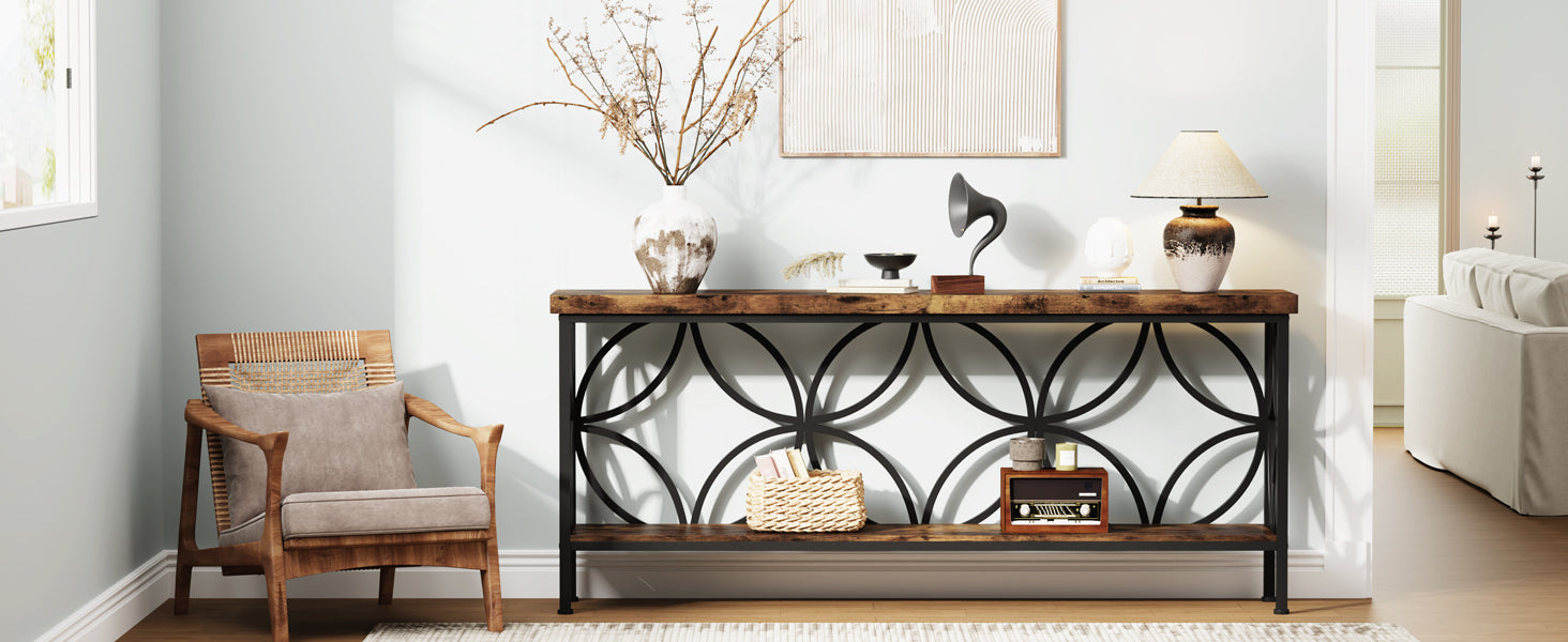 2-Tier Console Table, 70.9" Industrial Sofa Table Behind Couch