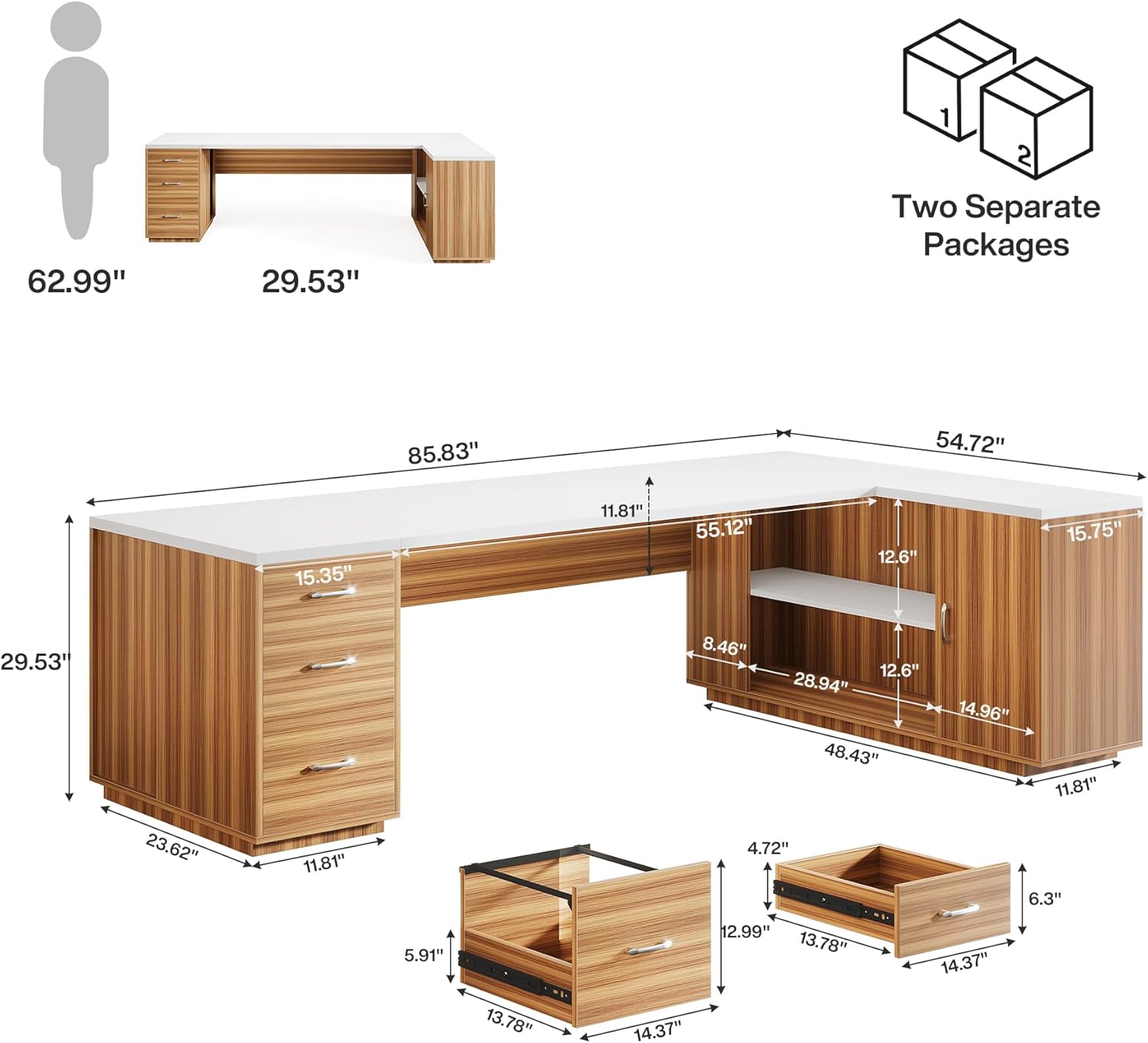 85.8" Executive Desk, L-Shaped Office Desk Computer Desk with File Drawers