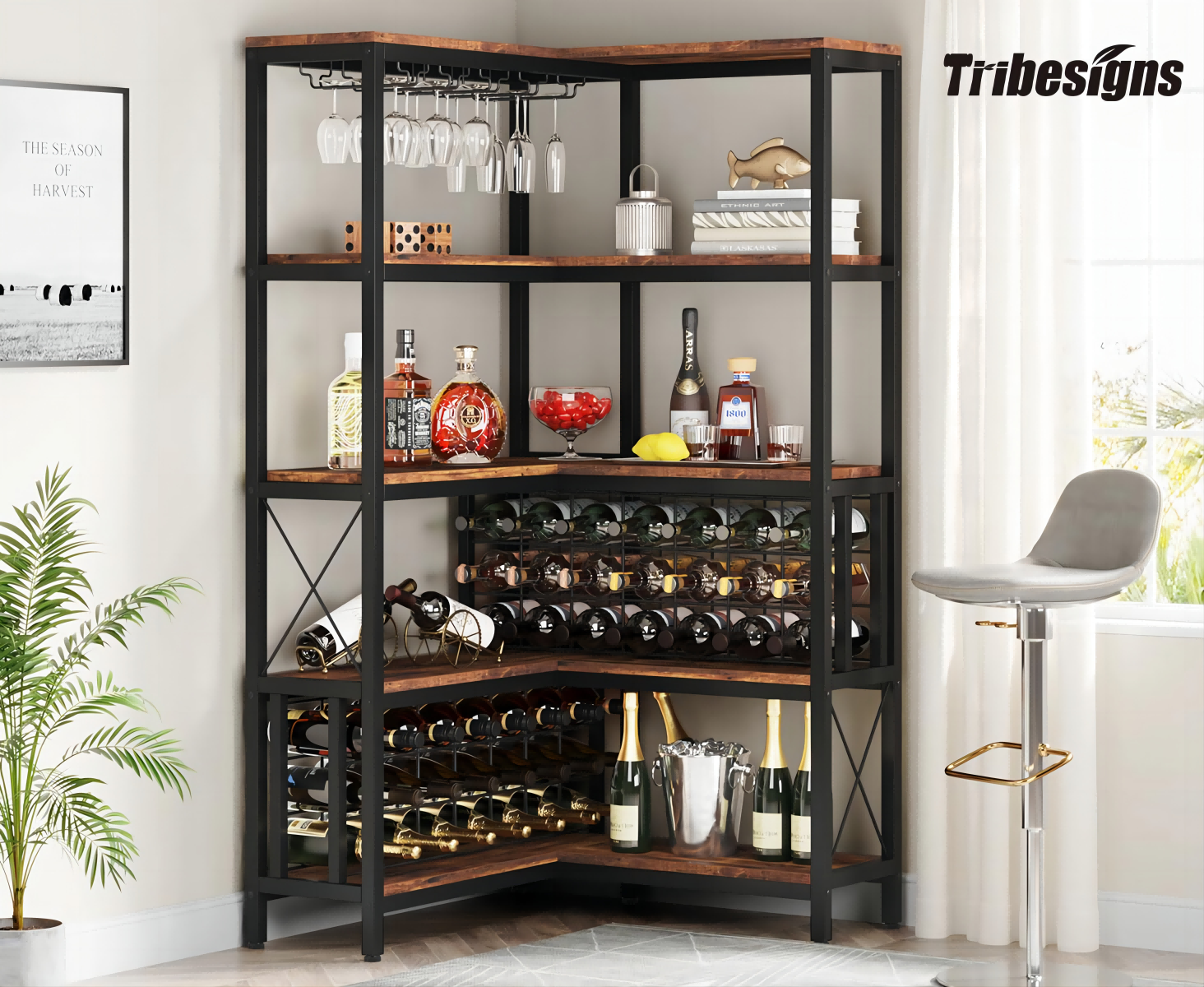 Tribesigns L-Shaped Home Bar Unit, 3 Tier Liquor Bar Table with Storage  Shelves and 6 Wine Glasses Holder, Industrial Corner Wine Bar Cabinet Mini  Bars for Home Kitchen Pub, Rustic Brown 